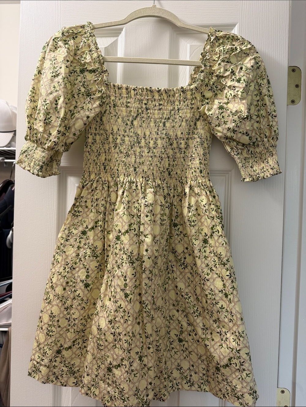 Hill House Kids Puff-Sleeve Smocked Dress - Green on Cream